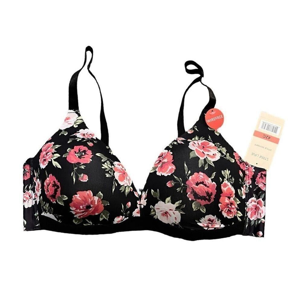 NWT STRM LINE Black Floral Wirefree Bra Size 42C
